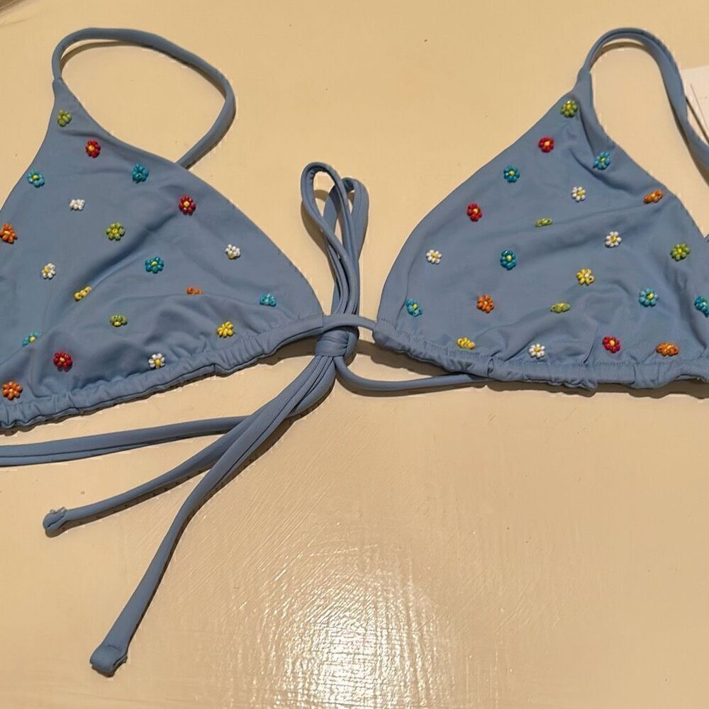 L*Space Women’s L Brittany Triangle String Bikini Top Light Blue Beaded Flowers